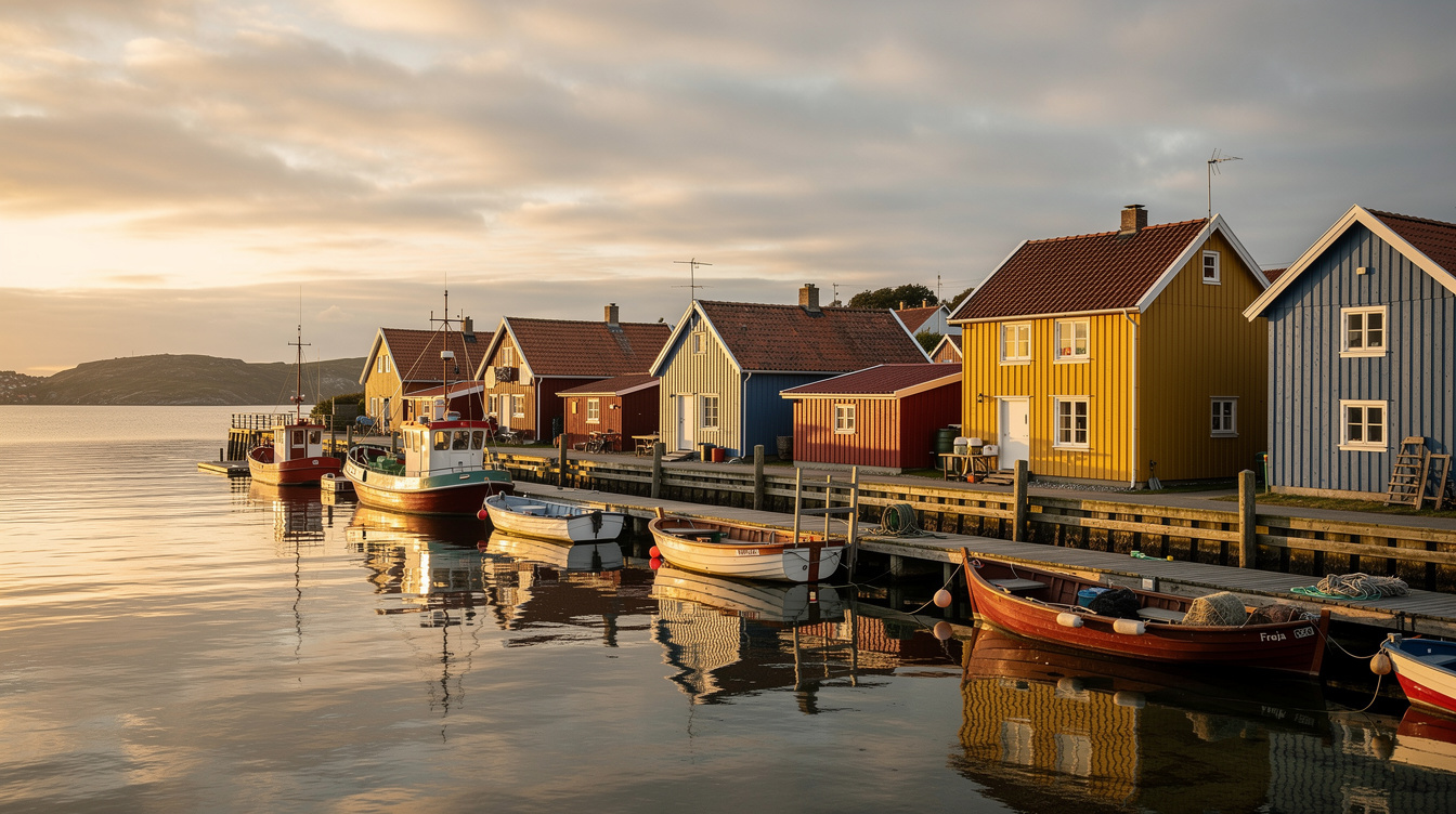 Colourful houses in a small Danish fishing village harbour